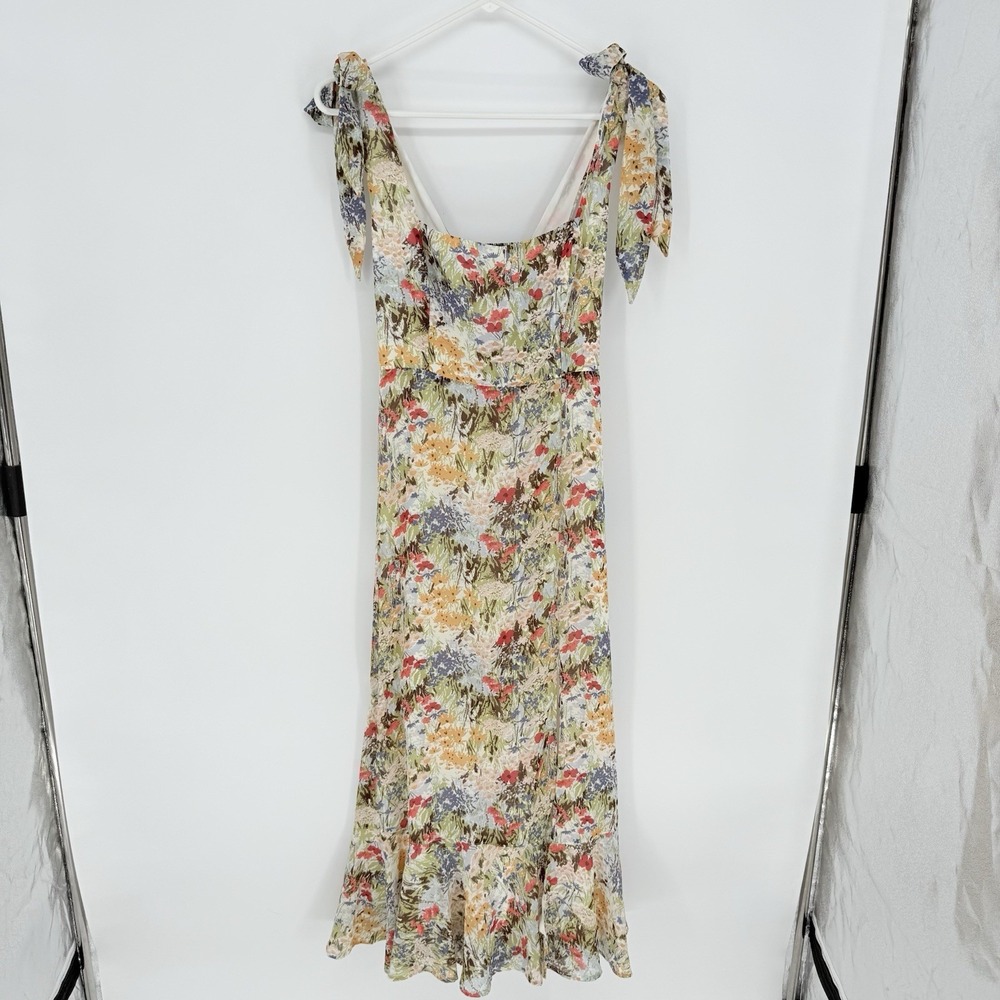 Lulus Summer Invite White Multi Floral Tie-Strap Tiered Midi Dress Women's Small